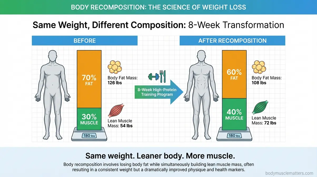 Body composition before and after recomposition showing reduced fat and increased muscle at the same body weight