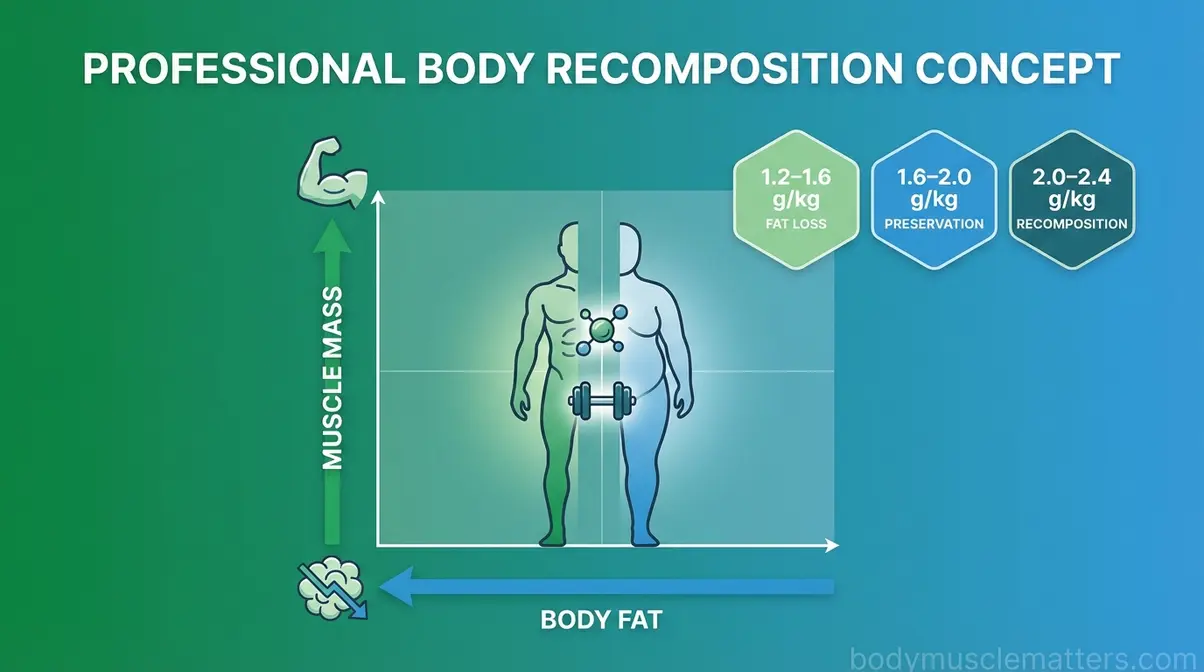 Body recomposition diagram showing protein targets for fat loss, muscle preservation, and simultaneous muscle building