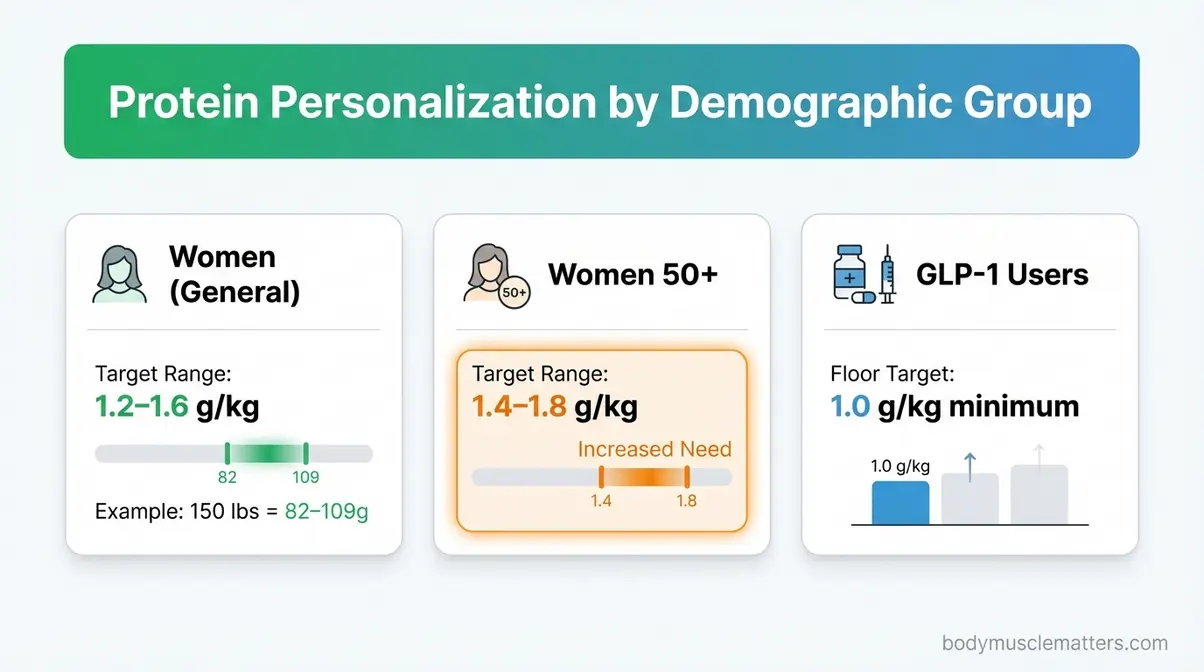 Personalized protein intake targets shown for women, women over 50, and GLP-1 medication users for weight loss