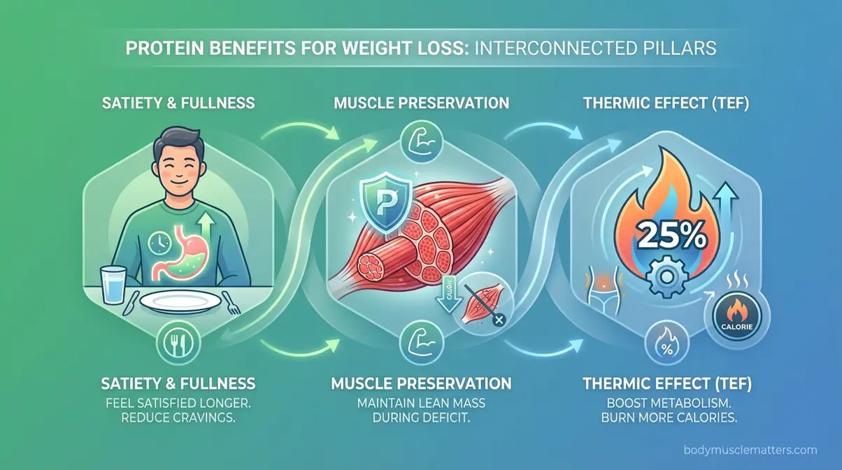Three benefits of protein for weight loss: satiety, muscle preservation, and metabolic thermic effect