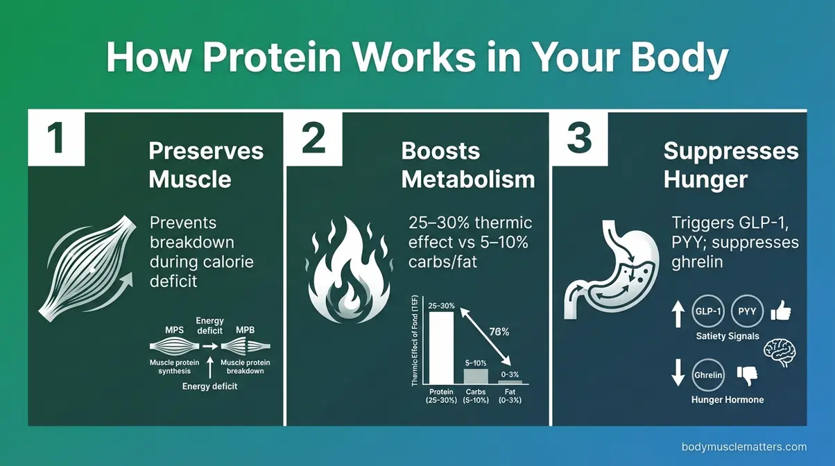 Infographic showing how protein preserves muscle, boosts metabolism, and suppresses hunger during weight loss
