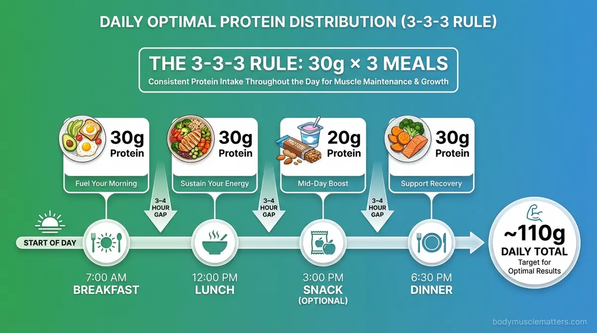 Daily protein distribution timeline showing 30 grams per meal at breakfast, lunch, and dinner using the 3-3-3 rule