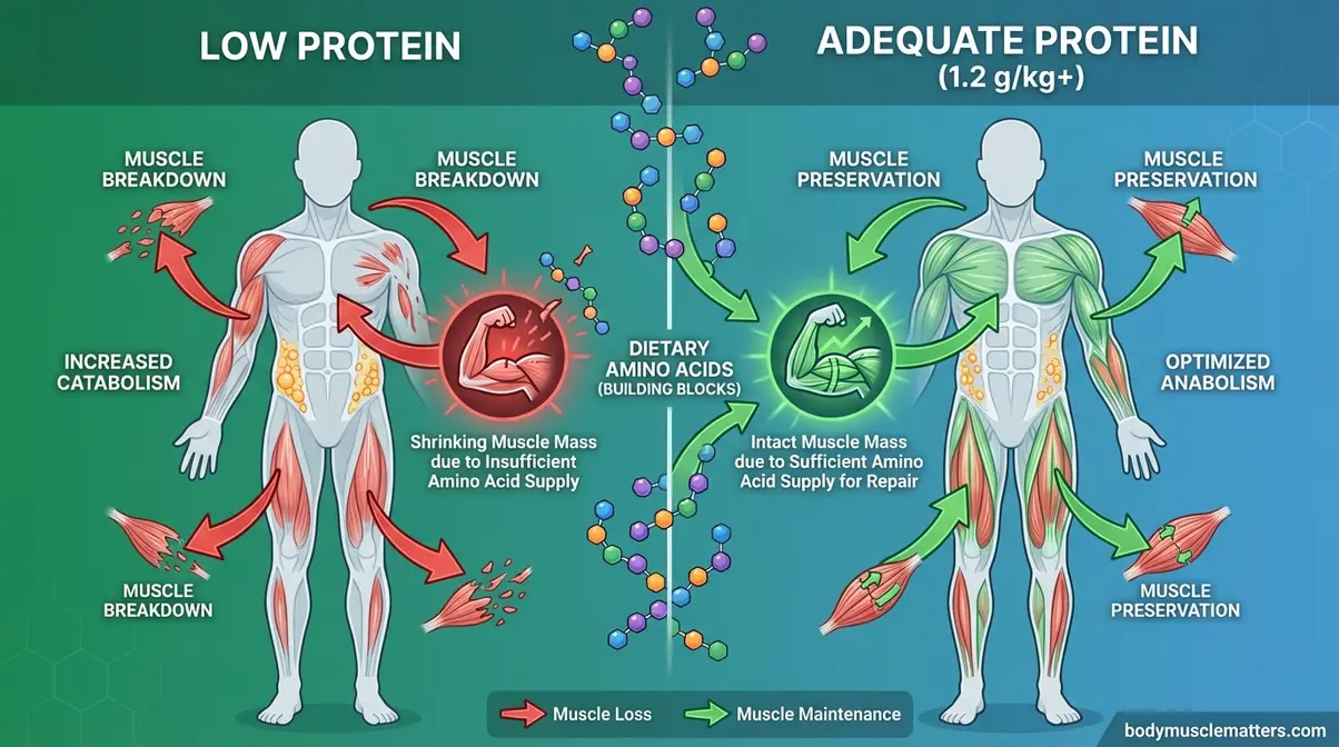 Split comparison showing muscle preserved with adequate protein versus muscle lost with low protein during weight loss