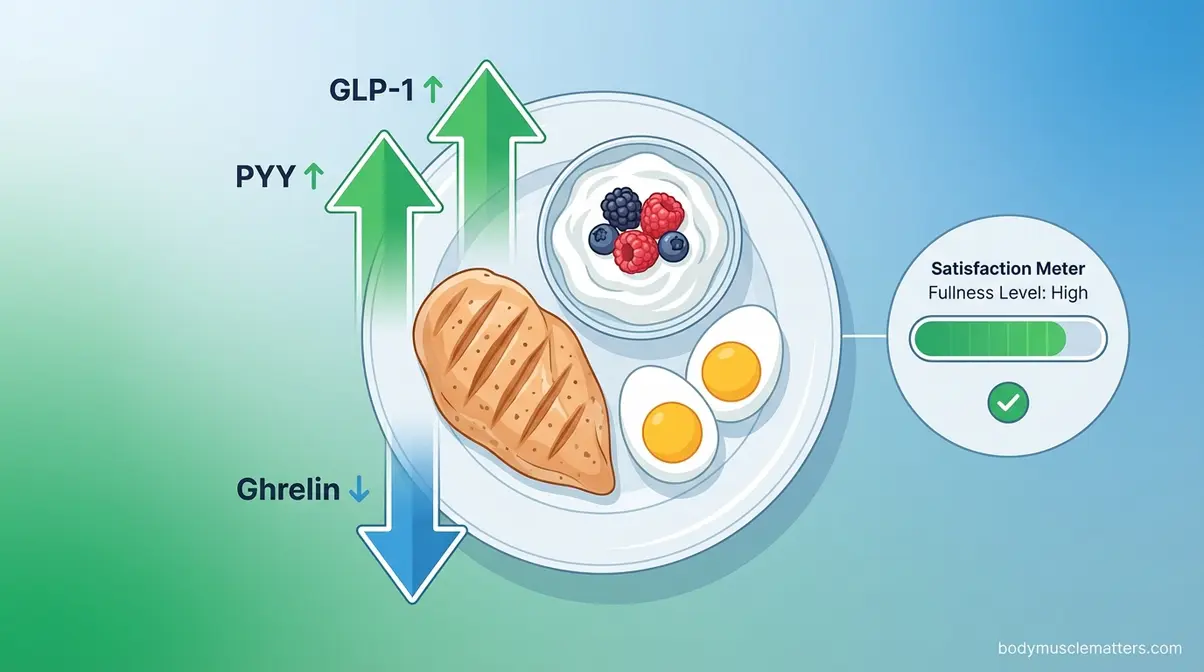 Diagram showing how protein increases GLP-1 and PYY satiety hormones while suppressing ghrelin hunger signals