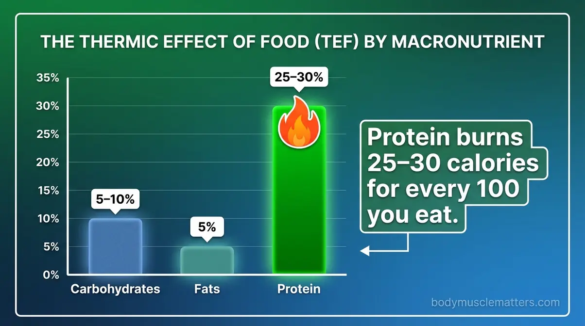 Bar chart comparing thermic effect of food showing protein burns 25 to 30 percent versus 5 to 10 for carbs and fats