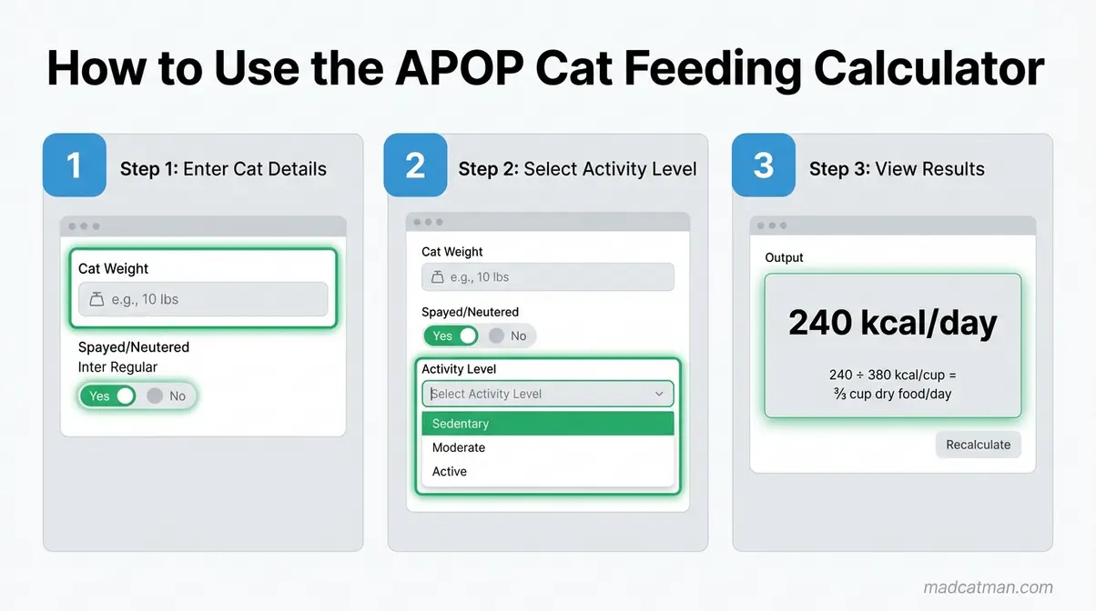 Step-by-step illustrated guide showing how to use the APOP cat daily calorie feeding calculator in three steps