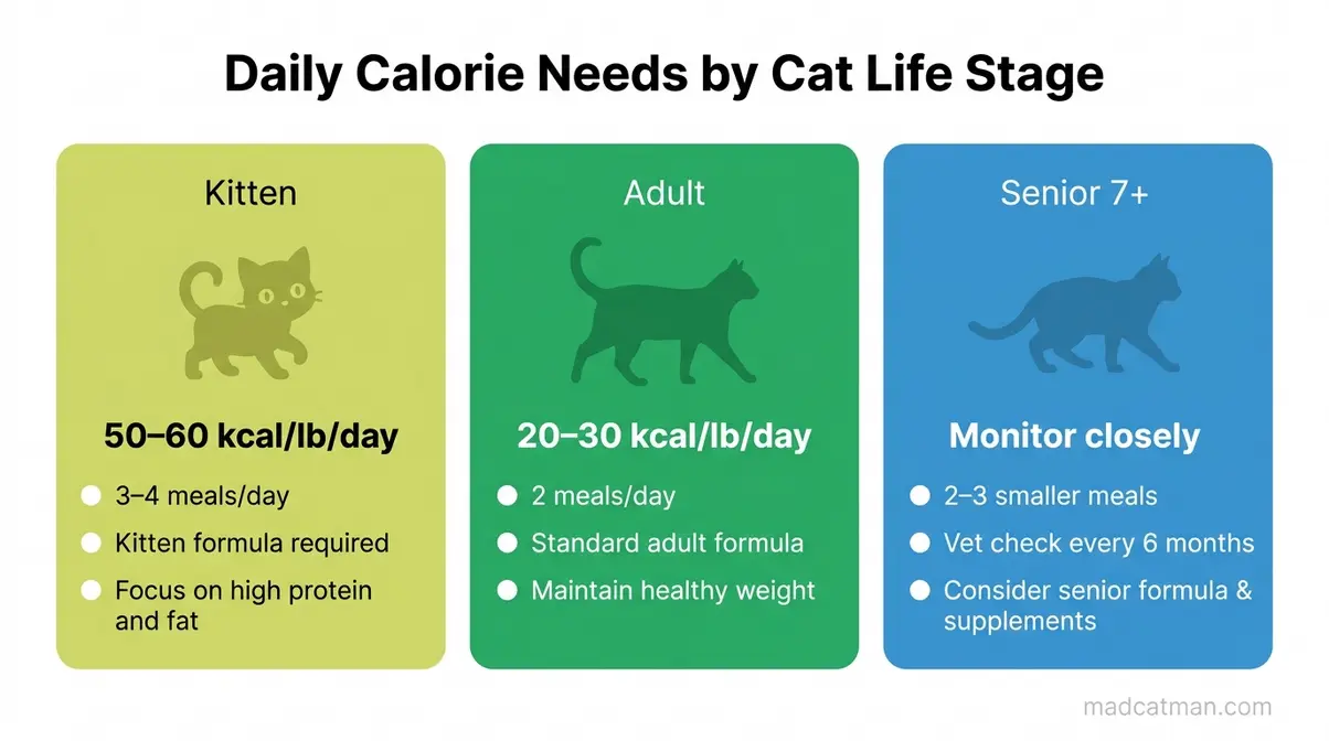 Infographic showing daily calorie needs by life stage for kittens, adult cats, and senior cats