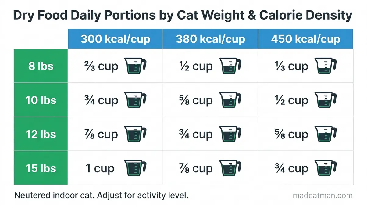 Reference chart showing how much dry cat food to feed by cat weight and kibble calorie density