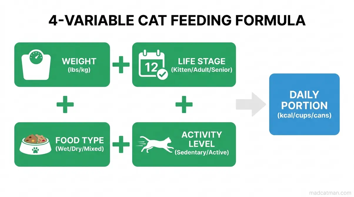Diagram of the 4-Variable Cat Feeding Formula showing weight, life stage, food type, and activity level inputs