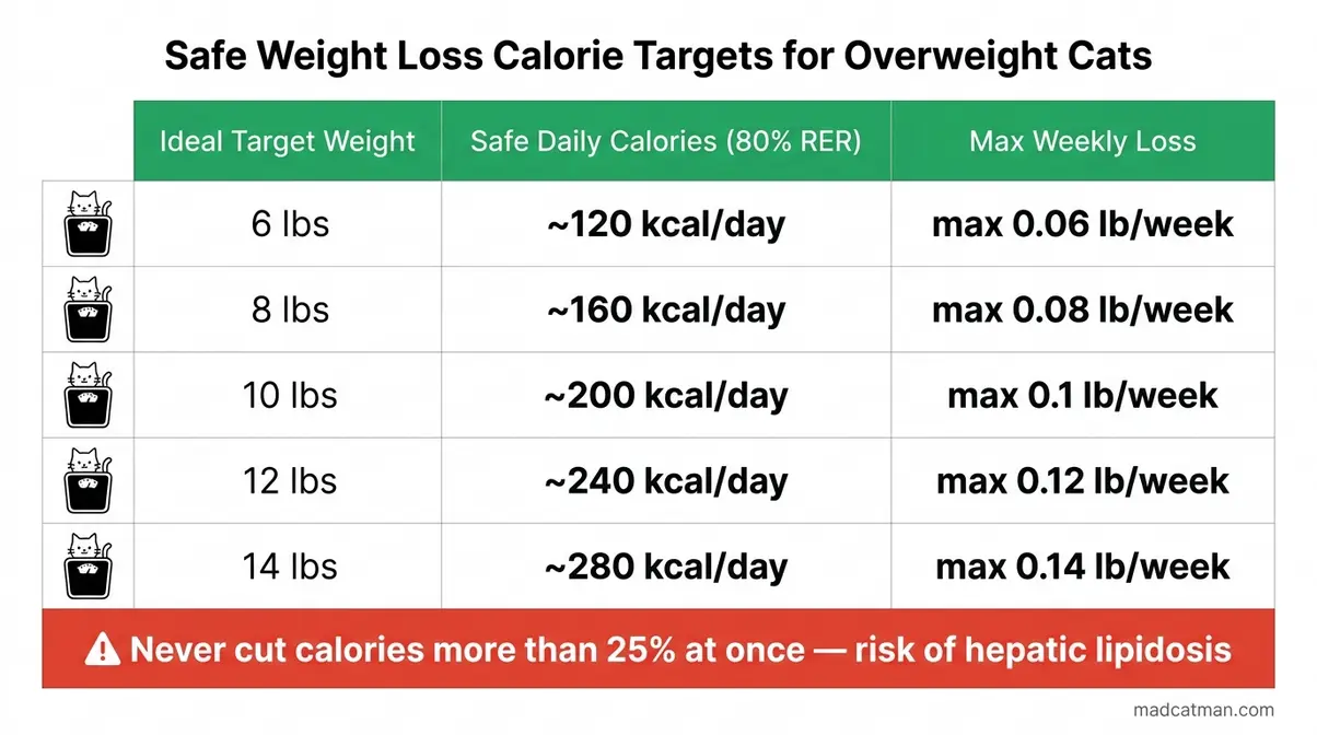 Chart showing safe daily calorie targets for overweight cats based on ideal body weight for gradual weight loss
