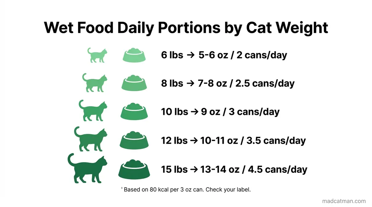 Infographic chart showing how much wet food to feed a cat by weight from 6 to 15 pounds