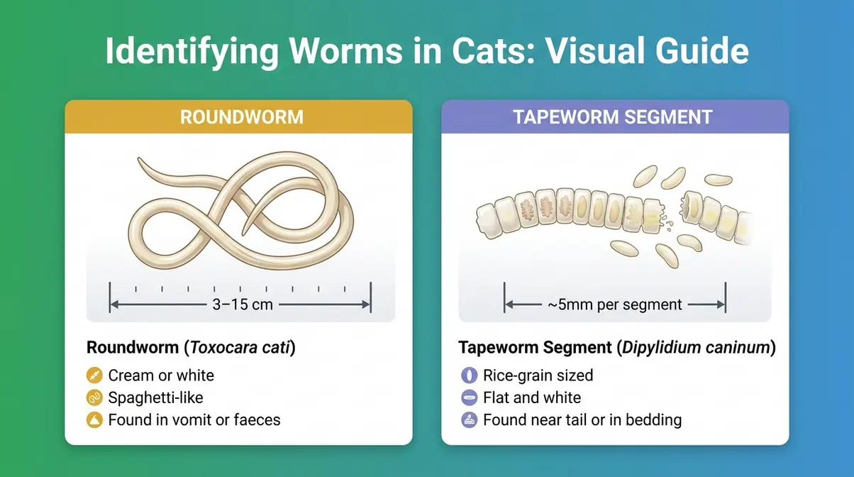 Visual guide to identifying roundworms and tapeworms in cats with size scale
