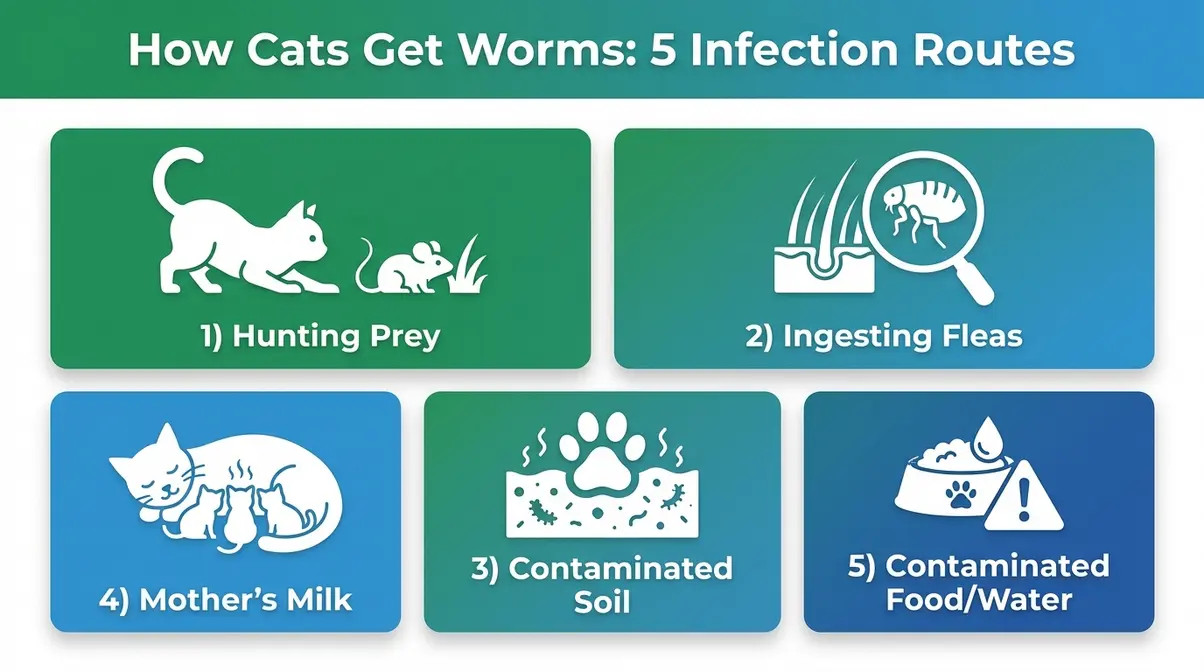 How cats get worms — 5 infection routes illustrated infographic