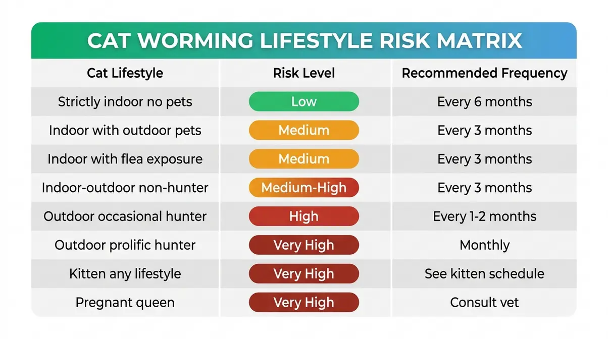 The Lifestyle Risk Matrix for cat worming — colour-coded schedule finder for indoor, outdoor and hunting cats