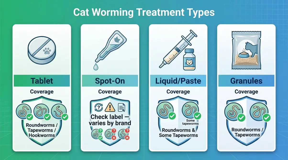 Types of cat worming treatments compared — tablet, spot-on, liquid and granule formats