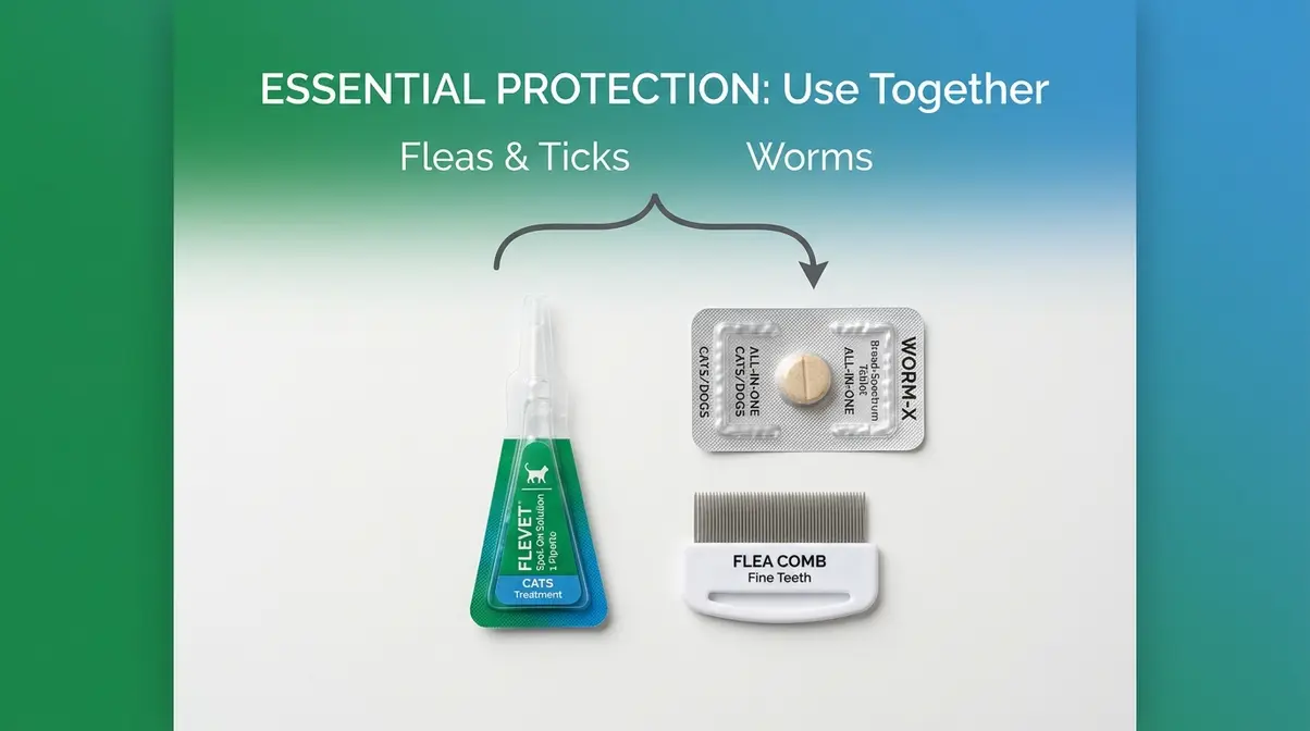 Flea treatment spot-on and worming tablet shown together — flea and worm treatments must be combined