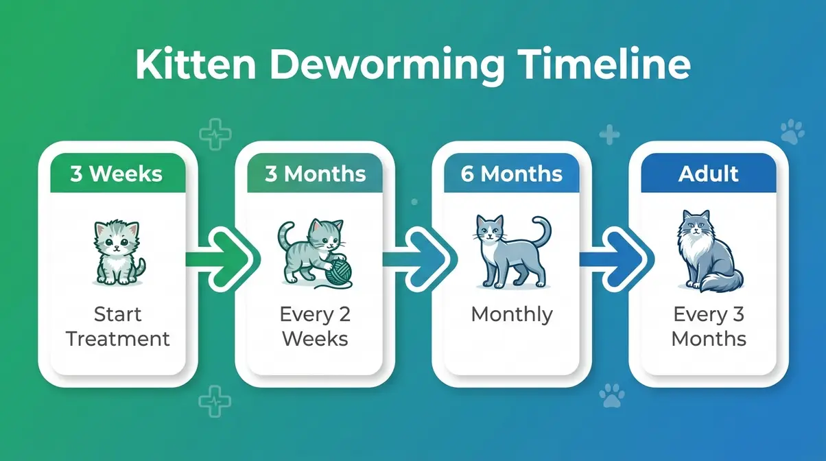 Kitten worming schedule timeline from 3 weeks to adulthood showing how often cats need worming at each life stage