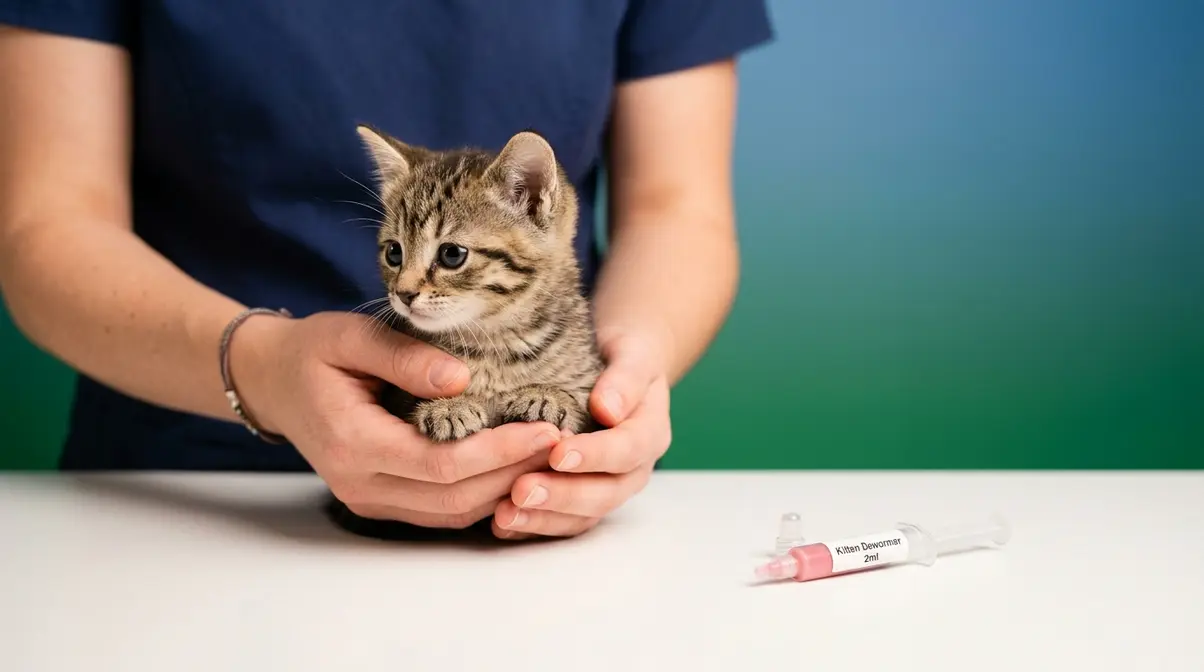 Young kitten receiving liquid worming treatment — kitten deworming schedule starting at three weeks