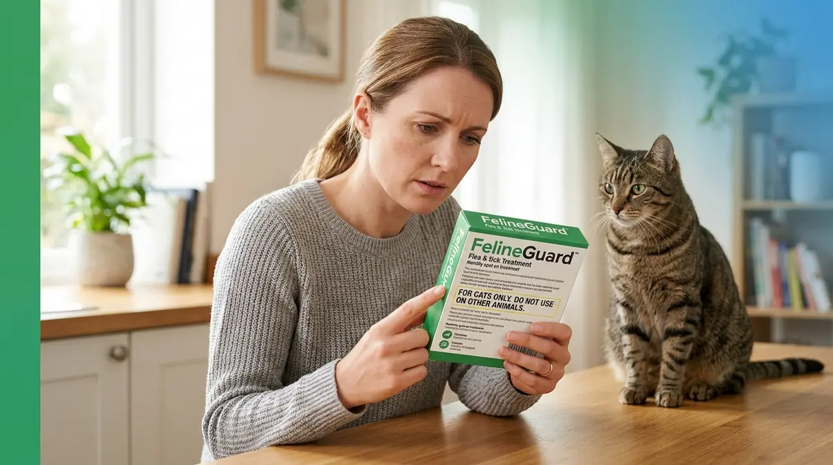 Cat owner carefully reading flea treatment label to prevent overdose and toxicity in cats