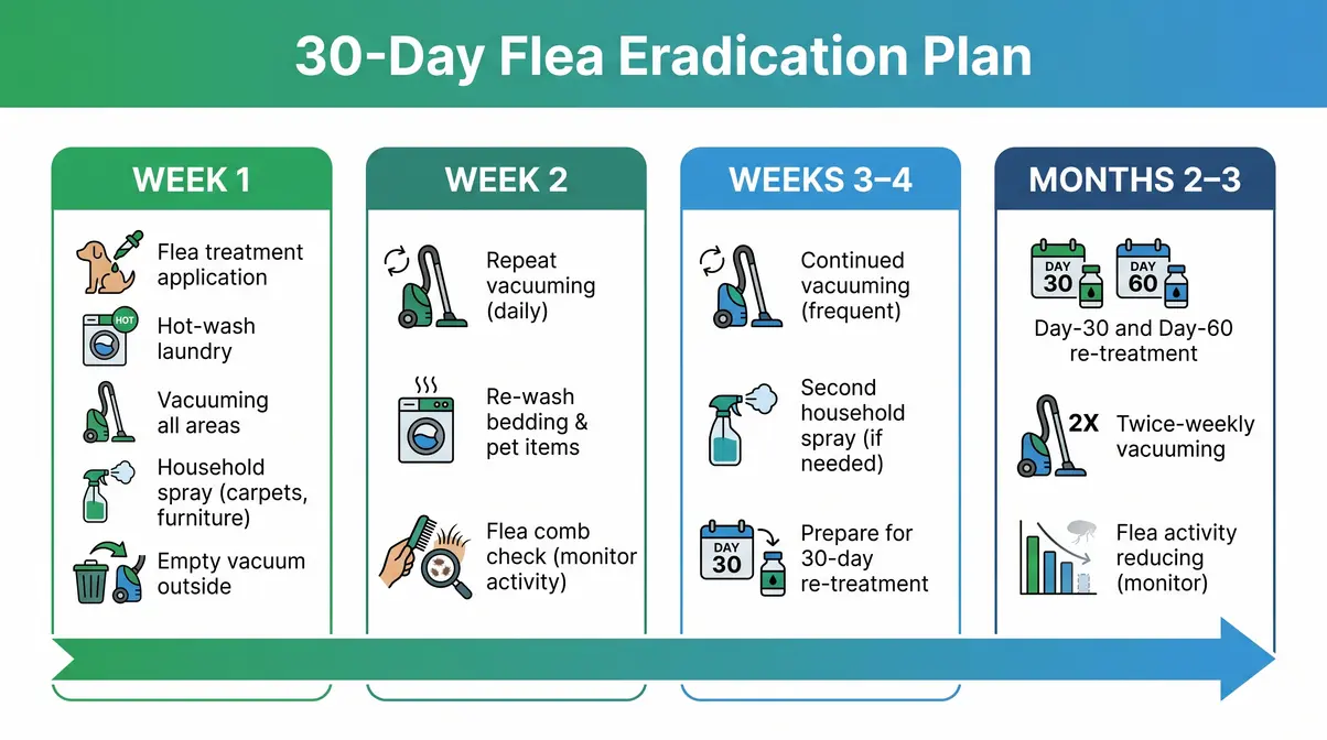 Timeline infographic showing weekly steps to eradicate fleas from home and pets over 30 days