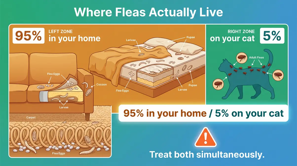 Infographic showing 95 percent of flea infestation lives in home environment versus 5 percent on cat
