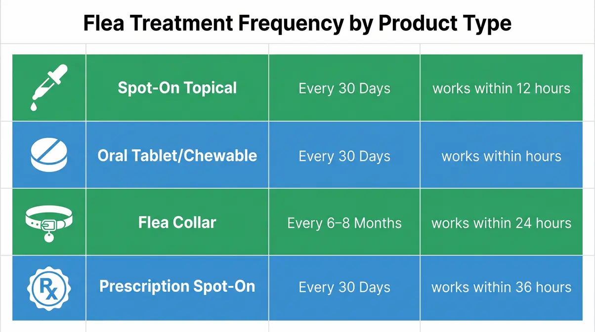 Infographic matrix showing flea treatment application intervals for spot-ons, tablets, and collars