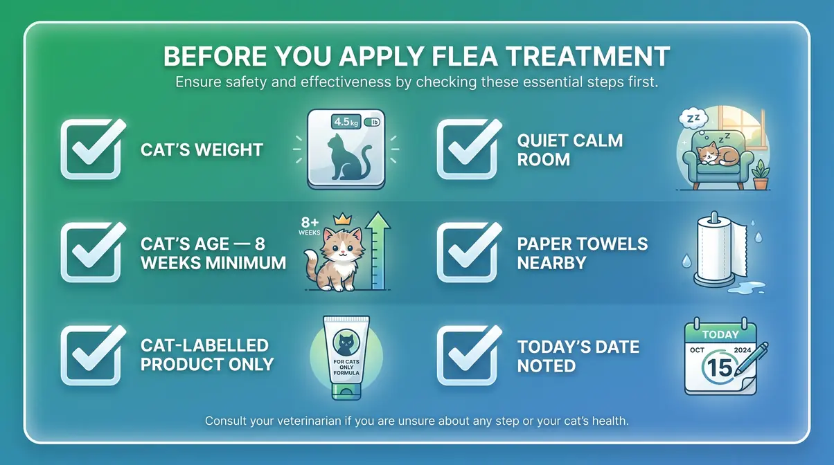 Illustrated checklist of six items needed before applying flea treatment to a cat