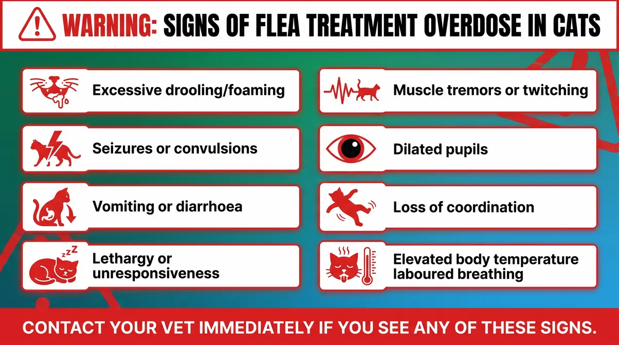 Illustrated checklist of flea treatment overdose symptoms in cats including tremors drooling and seizures