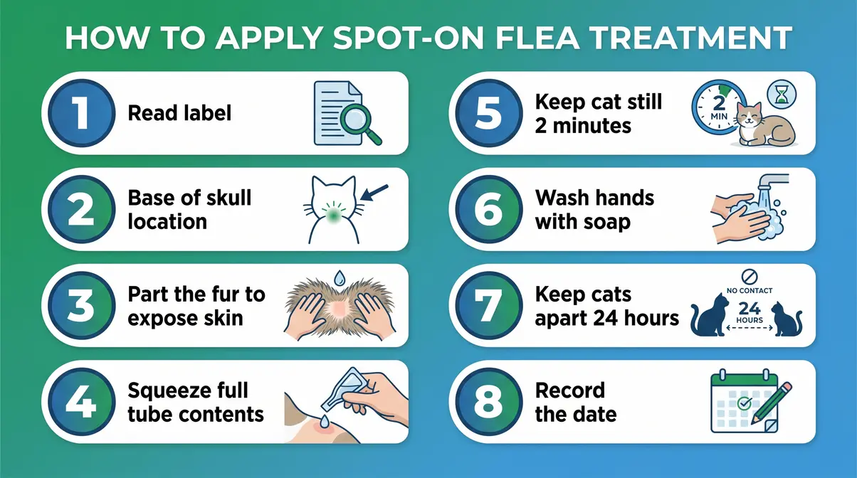 Step-by-step diagram showing correct spot-on flea treatment application at base of cat skull