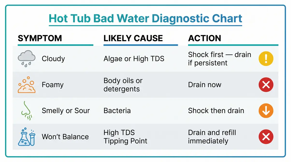 How Often to Change Hot Tub Water: The Exact Formula 3 Bad water diagnostic chart showing when to shock versus drain hot tub water by symptom