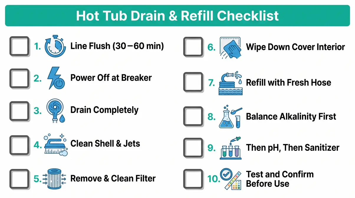How Often to Change Hot Tub Water: The Exact Formula 11 Step-by-step hot tub drain and refill checklist showing all ten water change process steps