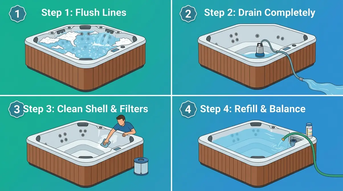 How Often to Change Hot Tub Water: The Exact Formula 6 Four-step hot tub water change process showing line flush, drain, clean, and refill stages