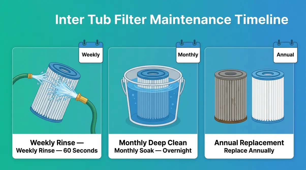 How Often to Change Hot Tub Water: The Exact Formula 10 Hot tub filter maintenance schedule showing weekly rinse, monthly deep clean, and annual replacement