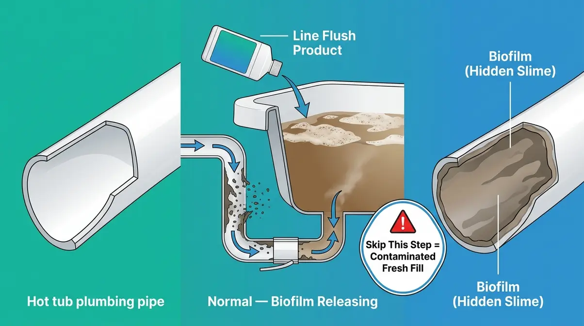 How Often to Change Hot Tub Water: The Exact Formula 9 Hot tub pipe cross-section showing biofilm buildup and line flush product removing hidden slime