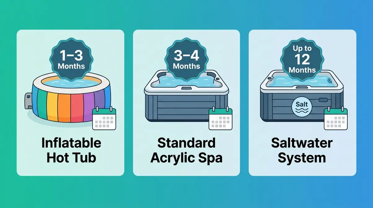 How Often to Change Hot Tub Water: The Exact Formula 5 Comparison of water change frequency for inflatable, standard, and saltwater hot tub types