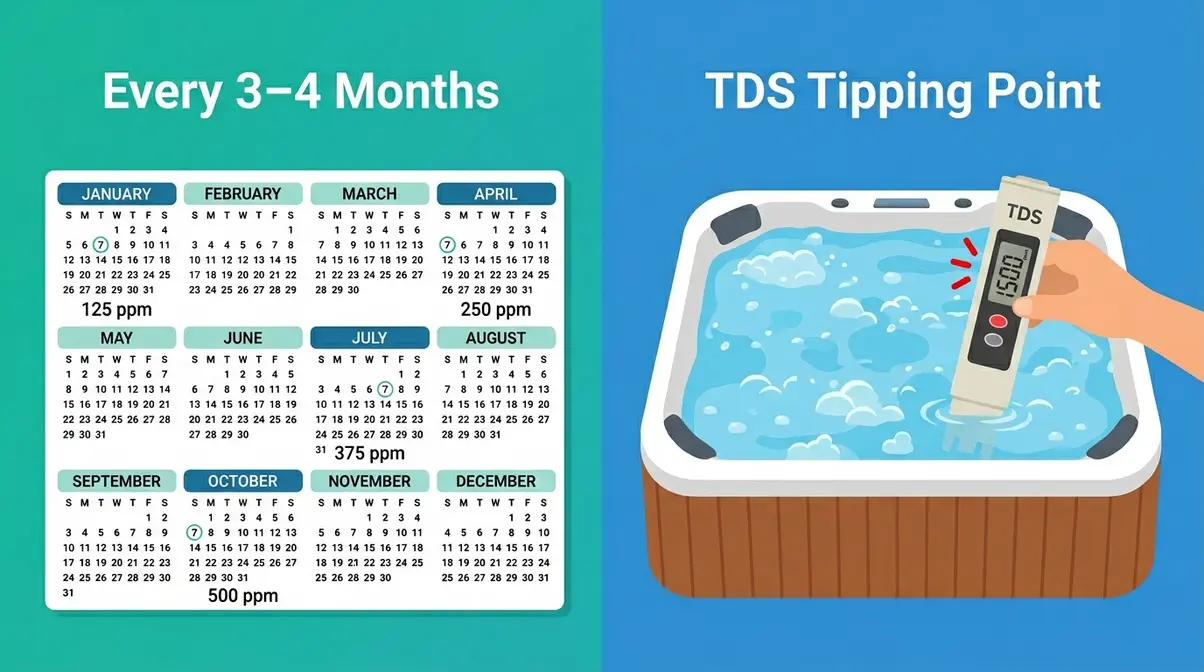 How Often to Change Hot Tub Water: The Exact Formula 1 Calendar showing hot tub water change schedule every three to four months with TDS meter