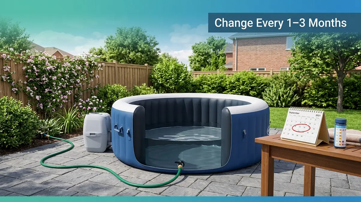 How Often to Change Hot Tub Water: The Exact Formula 7 Inflatable hot tub being drained with garden hose showing monthly water change process