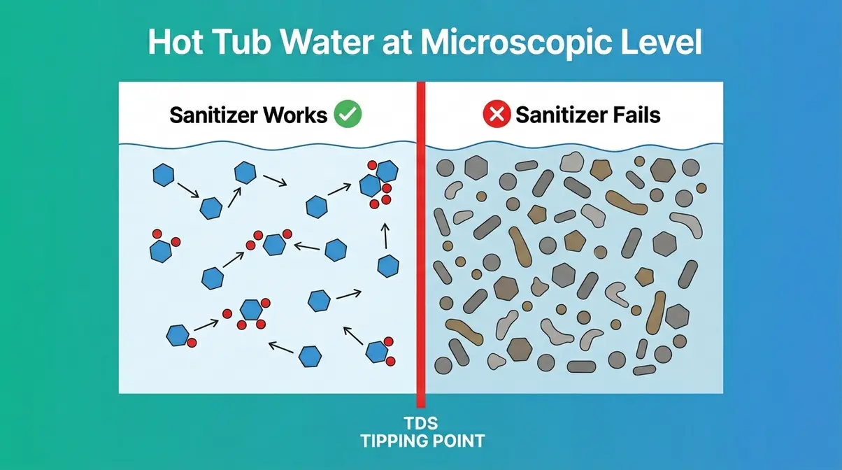 How Often to Change Hot Tub Water: The Exact Formula 2 Diagram showing TDS tipping point where dissolved solids prevent hot tub sanitizer from working
