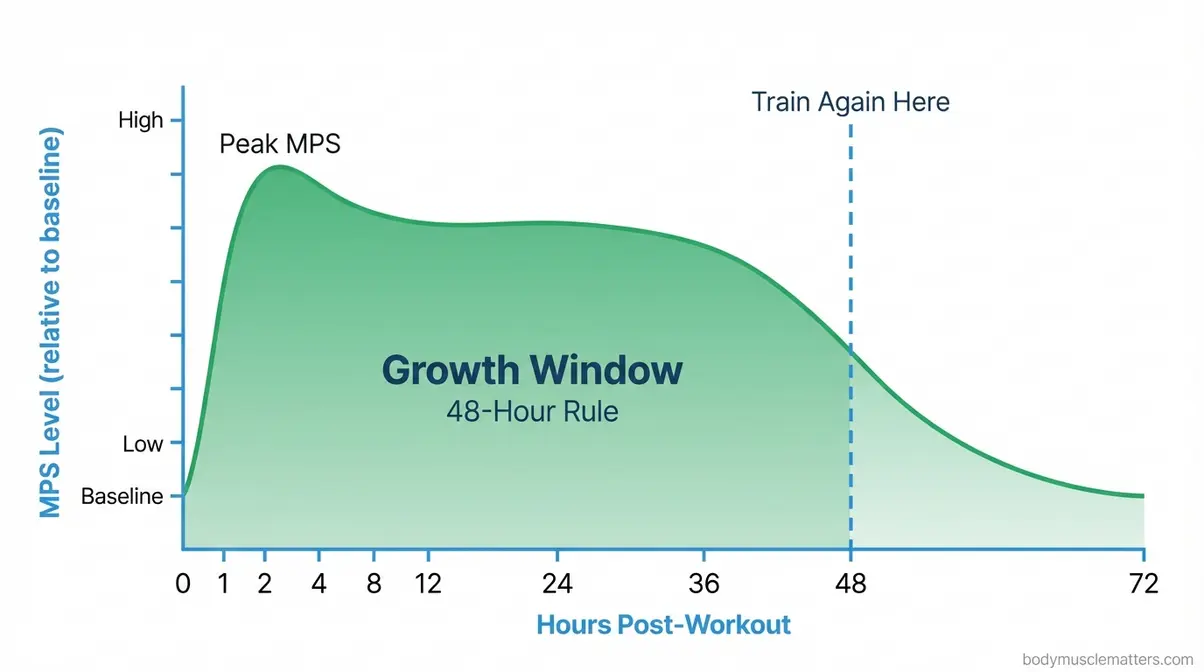 Infographic diagram of muscle protein synthesis elevation curve from workout through 48 hours showing training frequency window