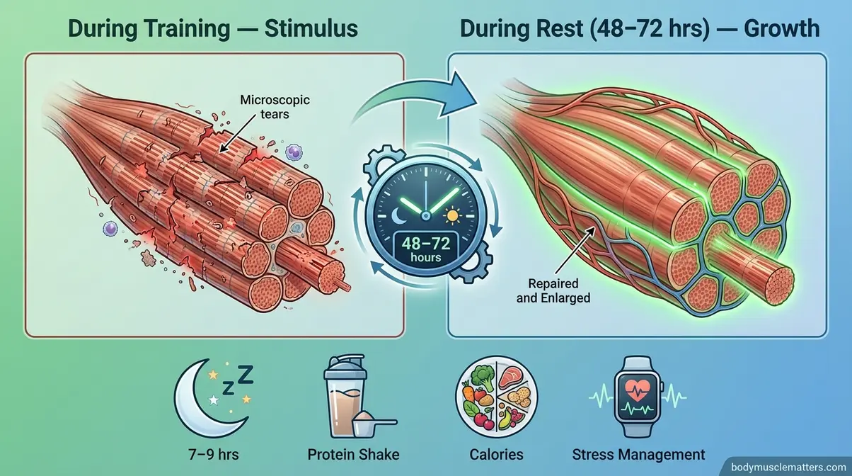 Illustration showing muscle recovery and growth happening during 48 to 72 hours of rest days after training