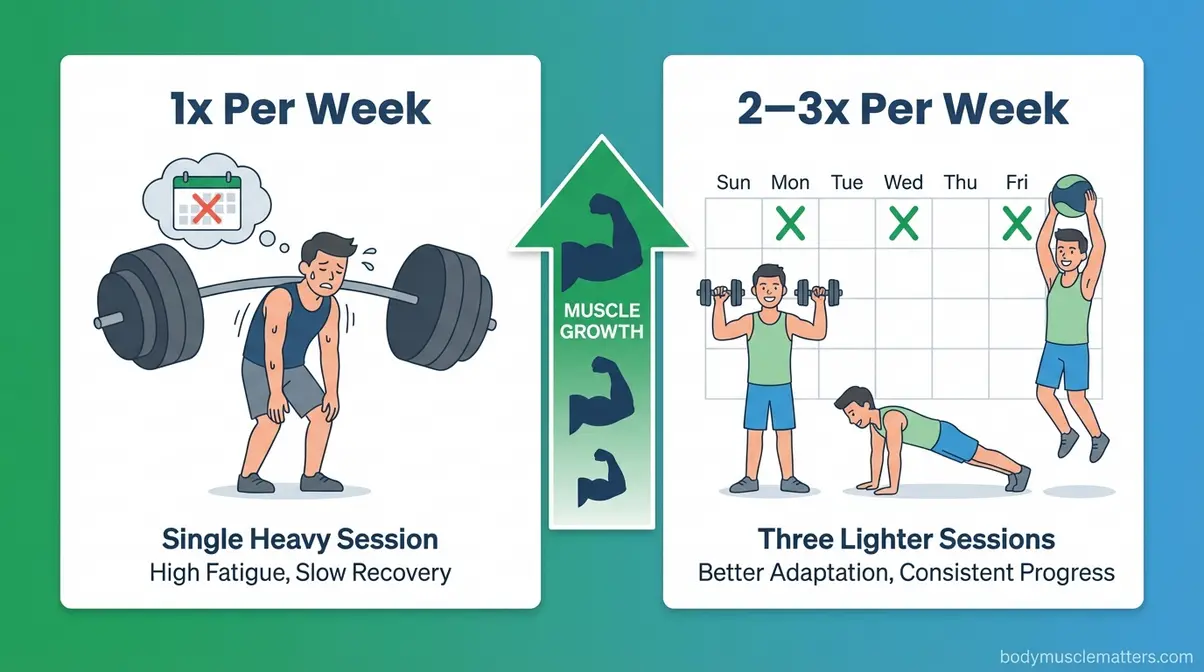 Illustration comparing once-weekly versus two to three times weekly muscle group training frequency for optimal growth