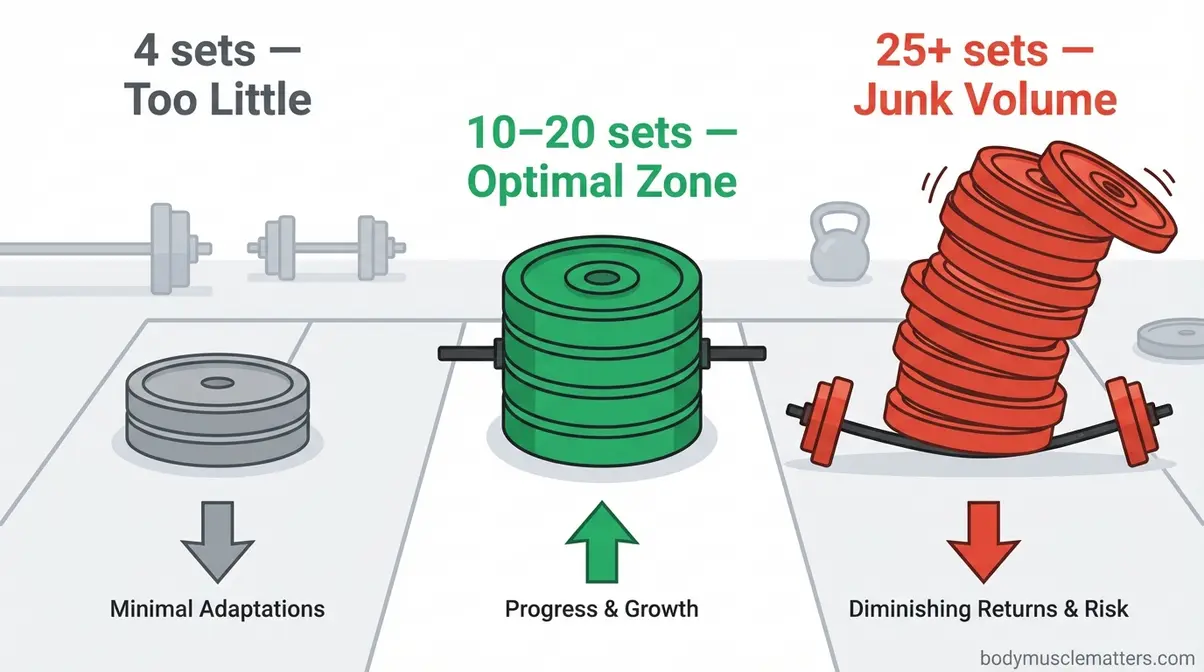 Illustration of weekly training volume sets per muscle group showing optimal 10 to 20 set range versus too few or too many