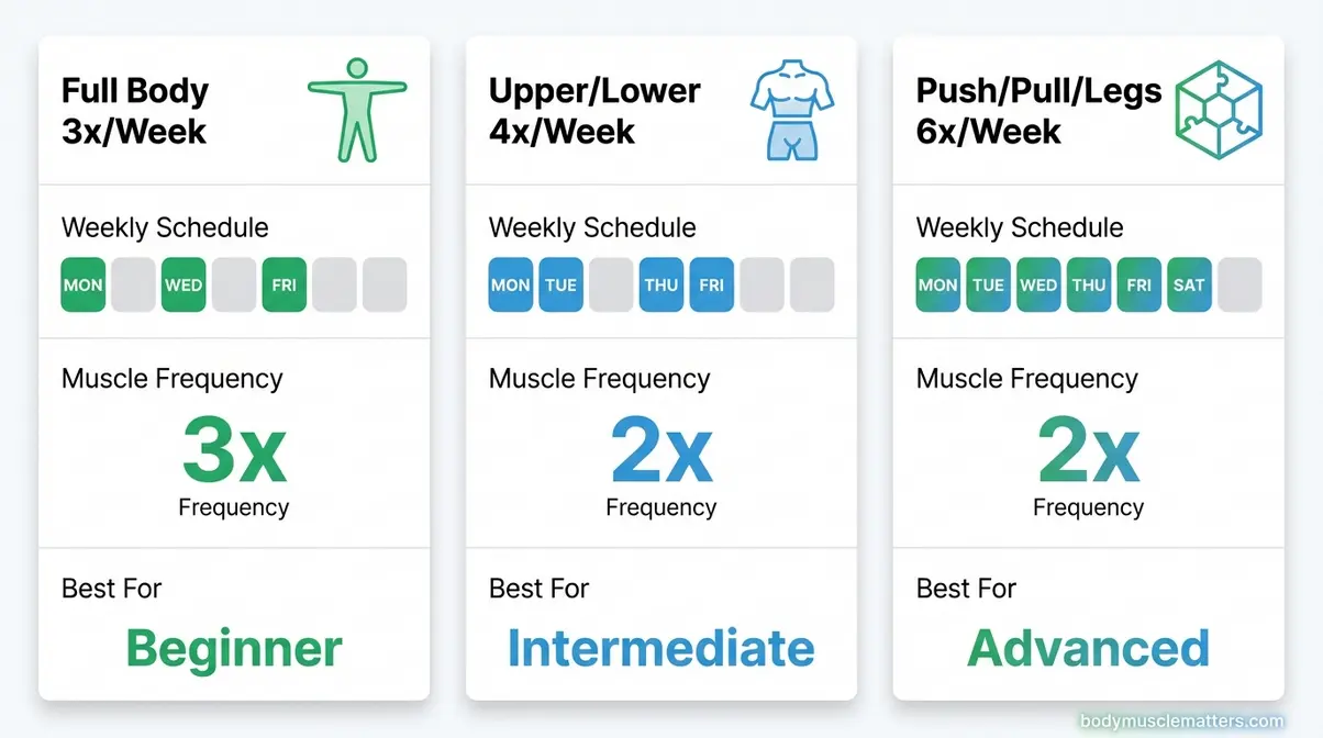 Infographic comparing Full Body, Upper Lower, and Push Pull Legs workout splits for muscle growth frequency by experience level