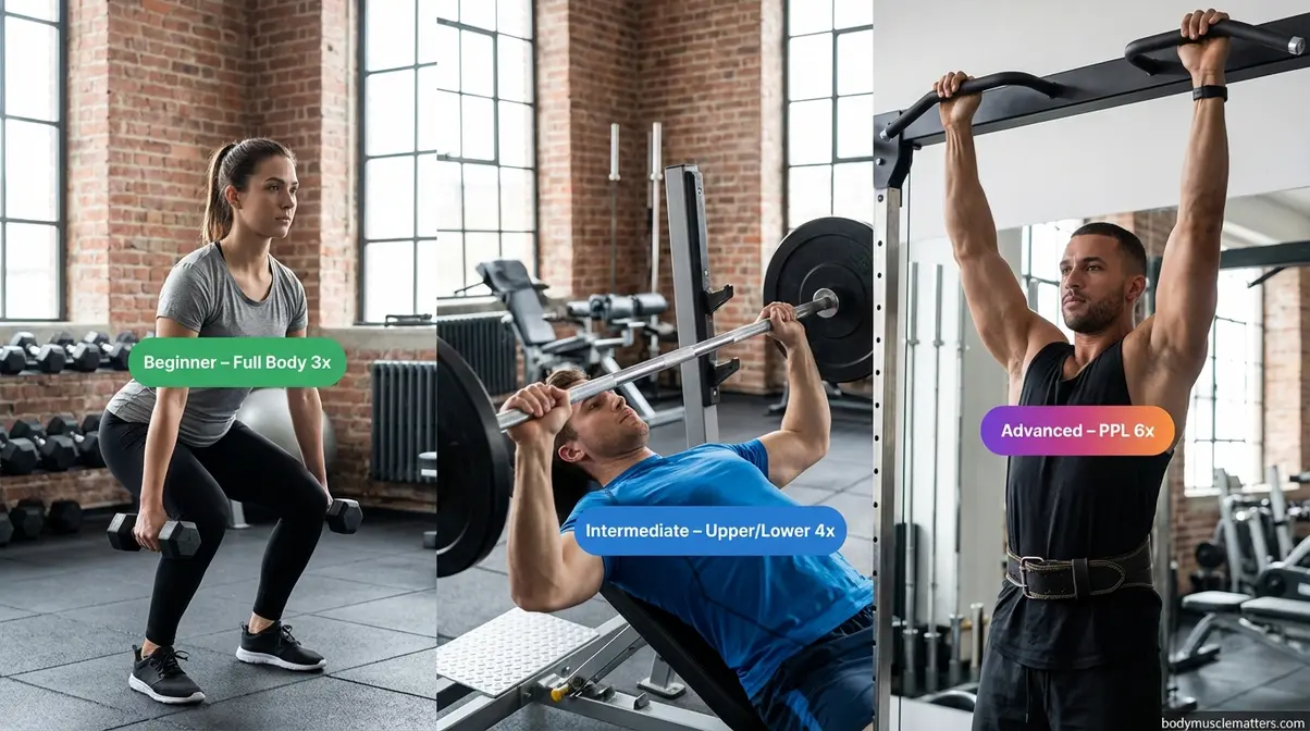 Three athletes demonstrating beginner Full Body, intermediate Upper Lower, and advanced Push Pull Legs workout splits