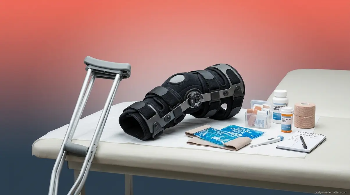 Medical brace and recovery tools representing immobilization and accelerated muscle loss