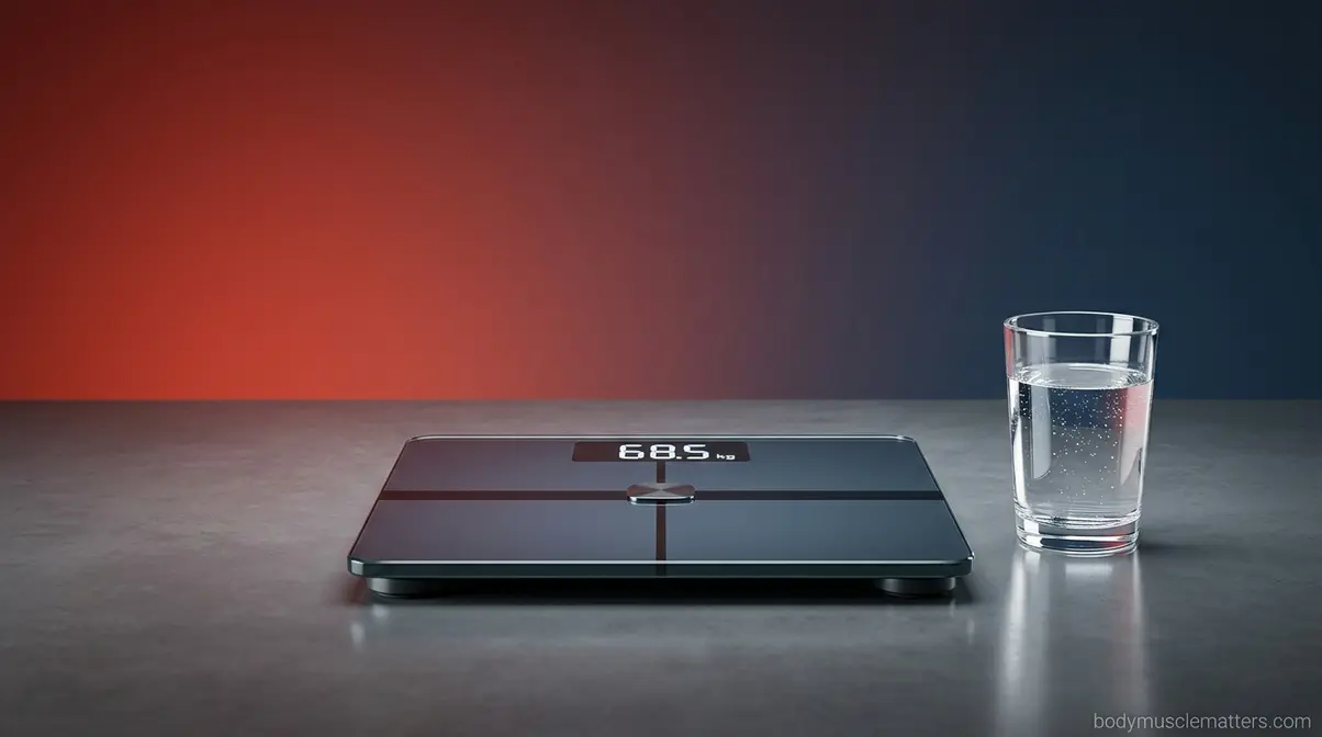 Digital scale and glass of water representing daily body weight and hydration fluctuations