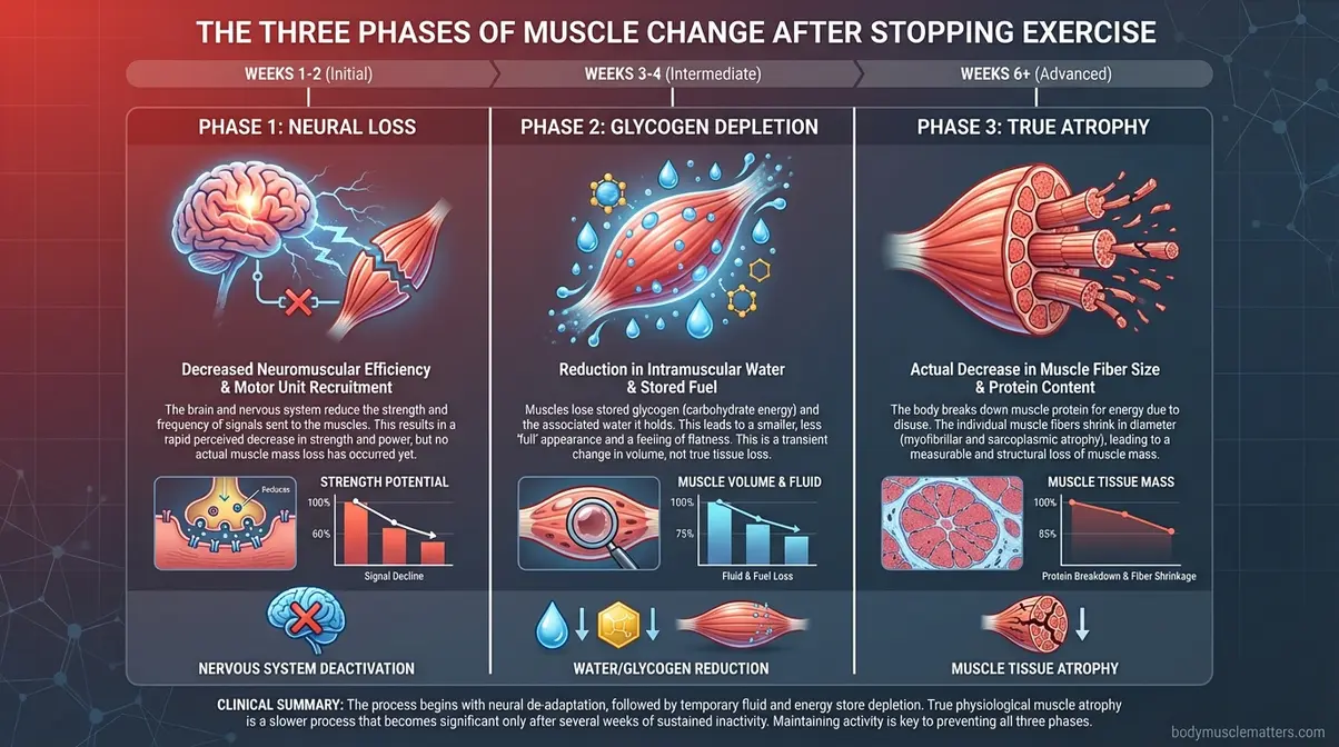 Infographic showing three phases of muscle change after stopping exercise: neural loss, glycogen depletion, and true atrophy, with week markers
