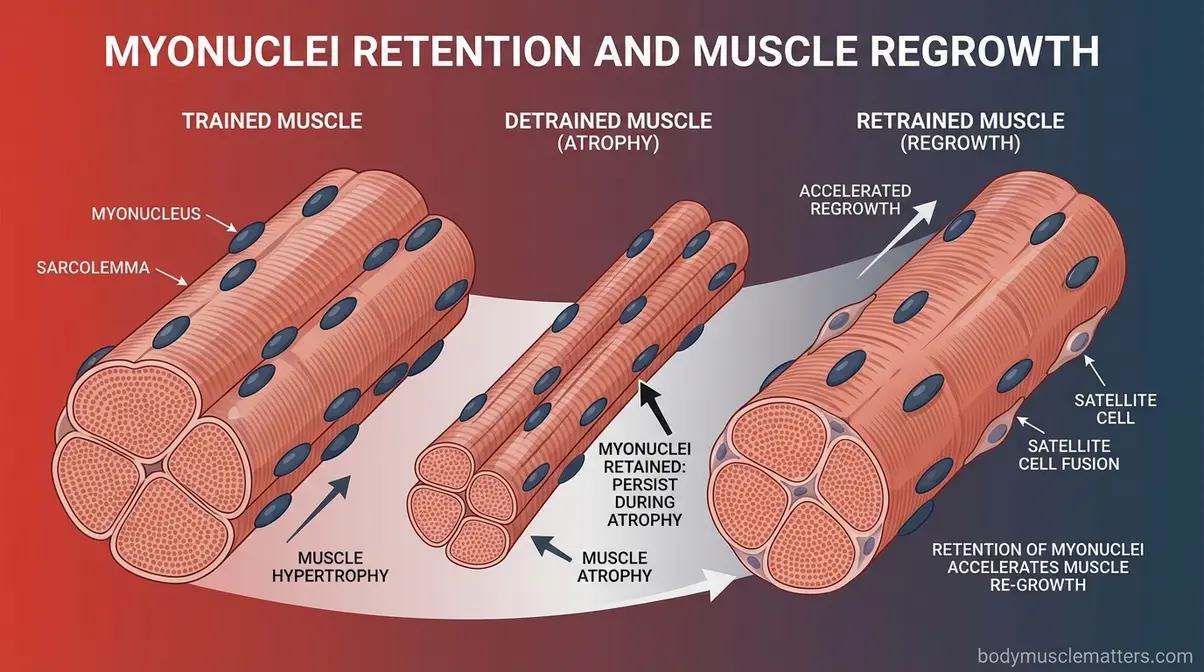 Diagram showing myonuclei retained in muscle fibers during detraining and how they accelerate muscle regrowth during retraining