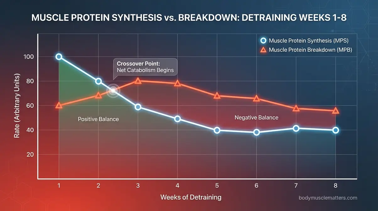 Comparison chart showing muscle protein synthesis versus breakdown rates across weeks 1 through 8 of detraining