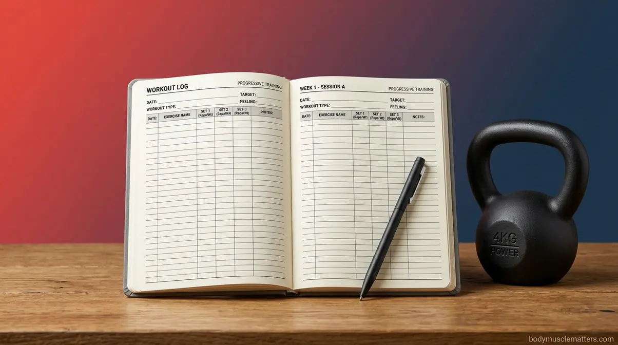 Workout logbook and light kettlebell representing a safe return to gym training